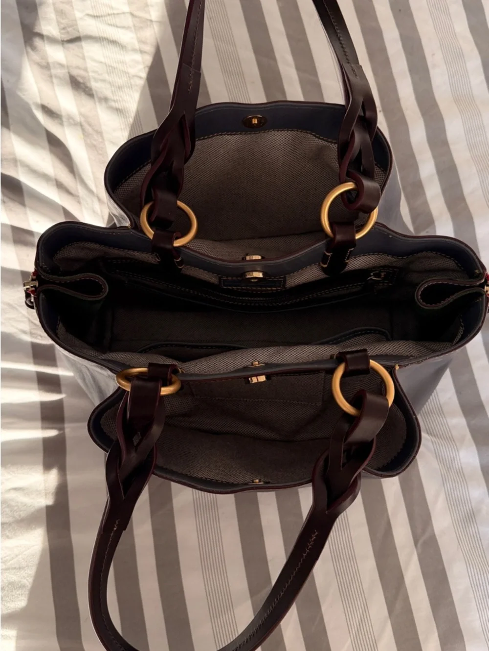 Dooney & Bourke Blue Tote with Brown Braided Handles and Gold Rings - Picture 4 of 11